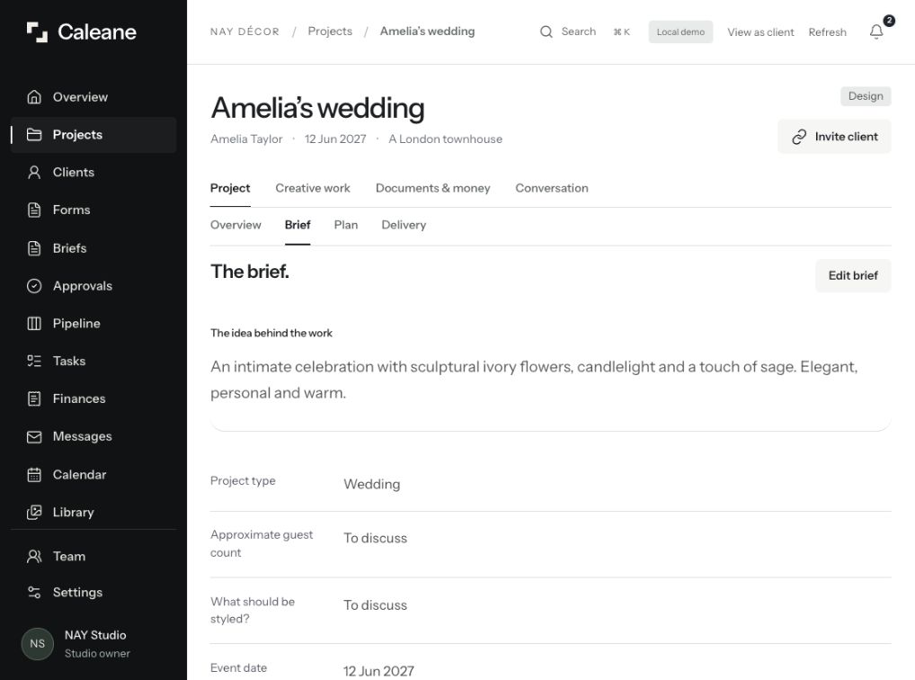 The real project brief for the sample Amelia wedding project