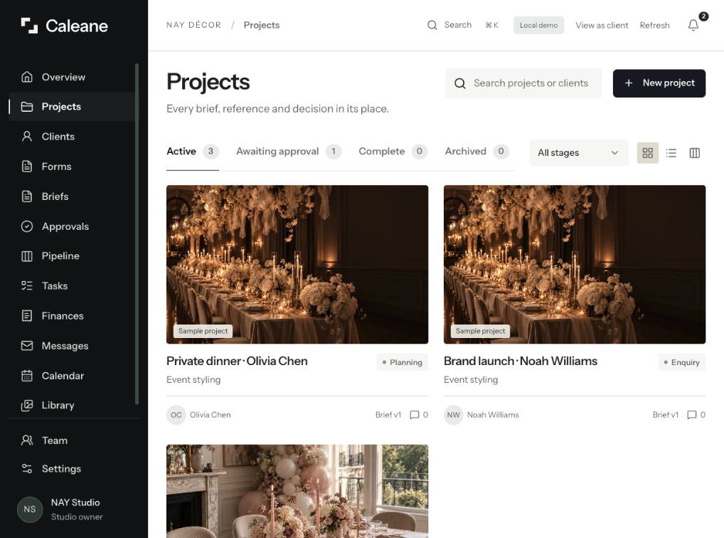 The Caleane project gallery with active projects, client names, stages and brief versions