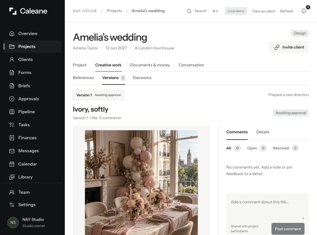 Caleane creative work showing a design version, its approval status and comments rail